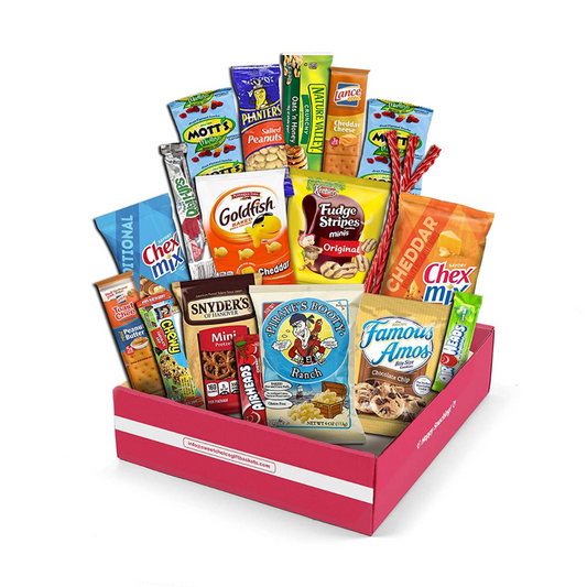 Snack Box Variety Pack, (20 Count) valintines Candy Gift Basket - College Student Care Package, Thanksgiving, Xmas Food Arrangement Chips, Cookies, Bars - Birthday Treats for Adults, Kids