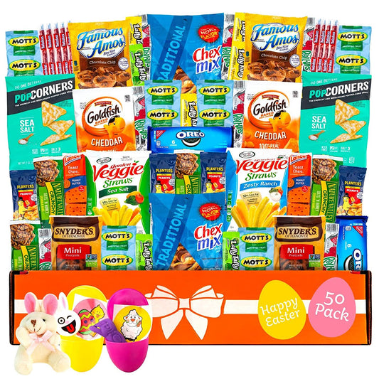 Premade Easter Care Package (50ct) - Candy Snacks Treats Plush Bunny Cookies Gift Box Bundle Basket Fillers Stuffers Present Kids Adults Boys Girls College Student Child Grandchildren Toddlers