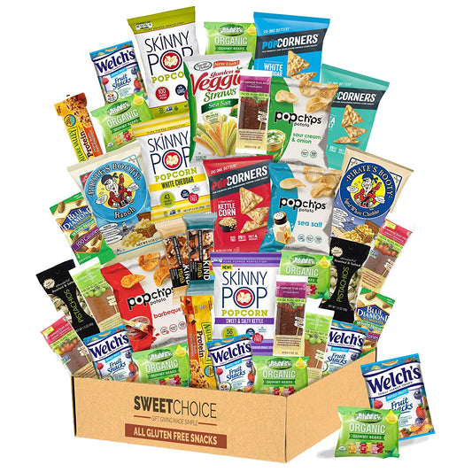 Snack Box Gluten Free Healthy Snacks Care Package (34 Count) for College Students, Exams, Father's Day, Military, Finals, Office and Gift Ideas. Chips, Popcorn, and granola Bars.