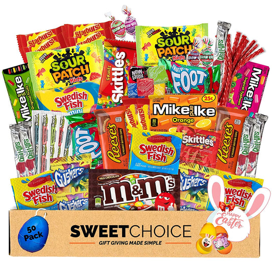 Premade Easter Bite Sized Candy Gift box Care Package - (50 count) A Sampler of Skittles, Sour Patch Kids, Starburst, , Twizzlers, Assorted candy variety packGreat for Movie Night Sleepovers and Goodie Bags!