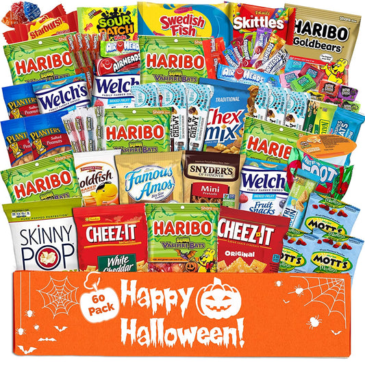 Halloween Care Package Snack box (60) Candy Snacks Assortment Trick or Treat Cookies Food Bars Toys Variety Gift Pack Box Bundle Mixed Bulk Sampler for Children Kids Boys Girls College Students Office