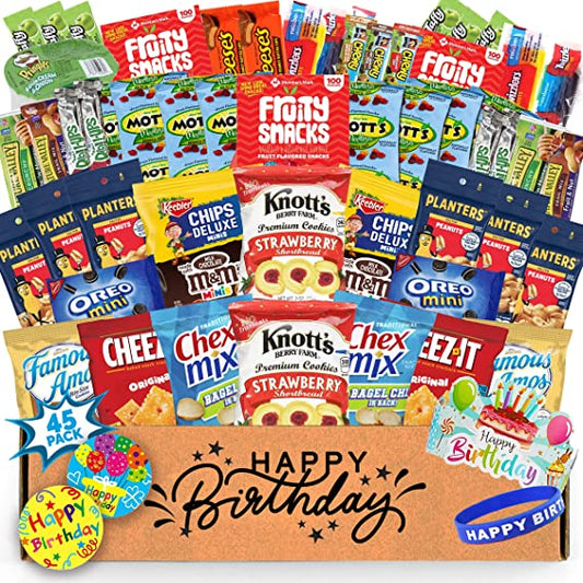 Birthday Gift Basket Care Package (45 Count) Snacks Food Cookies Chips Candy Party Variety Gift Box Pack Assortment Basket Bundle Mix Bulk Sampler