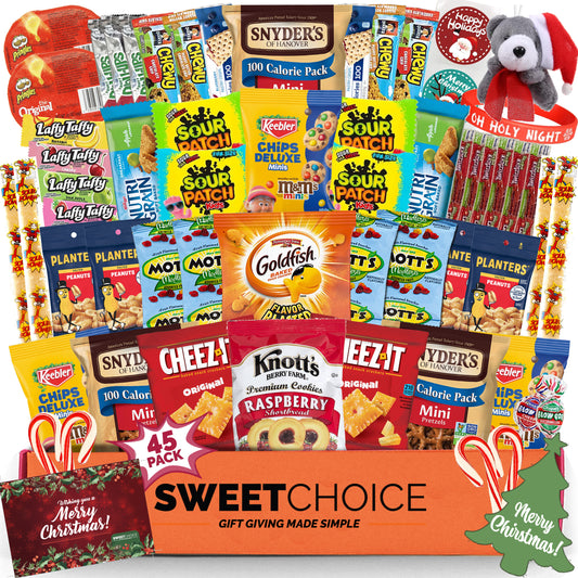 Christmas Gift Basket Care Package (45 Count) Candy Snacks Cookies Bars Chips Holiday Gift Baskets Variety Gift Box Pack Assortment Basket Bundle Mix Of Treats College Students Office Kids Boys Girls