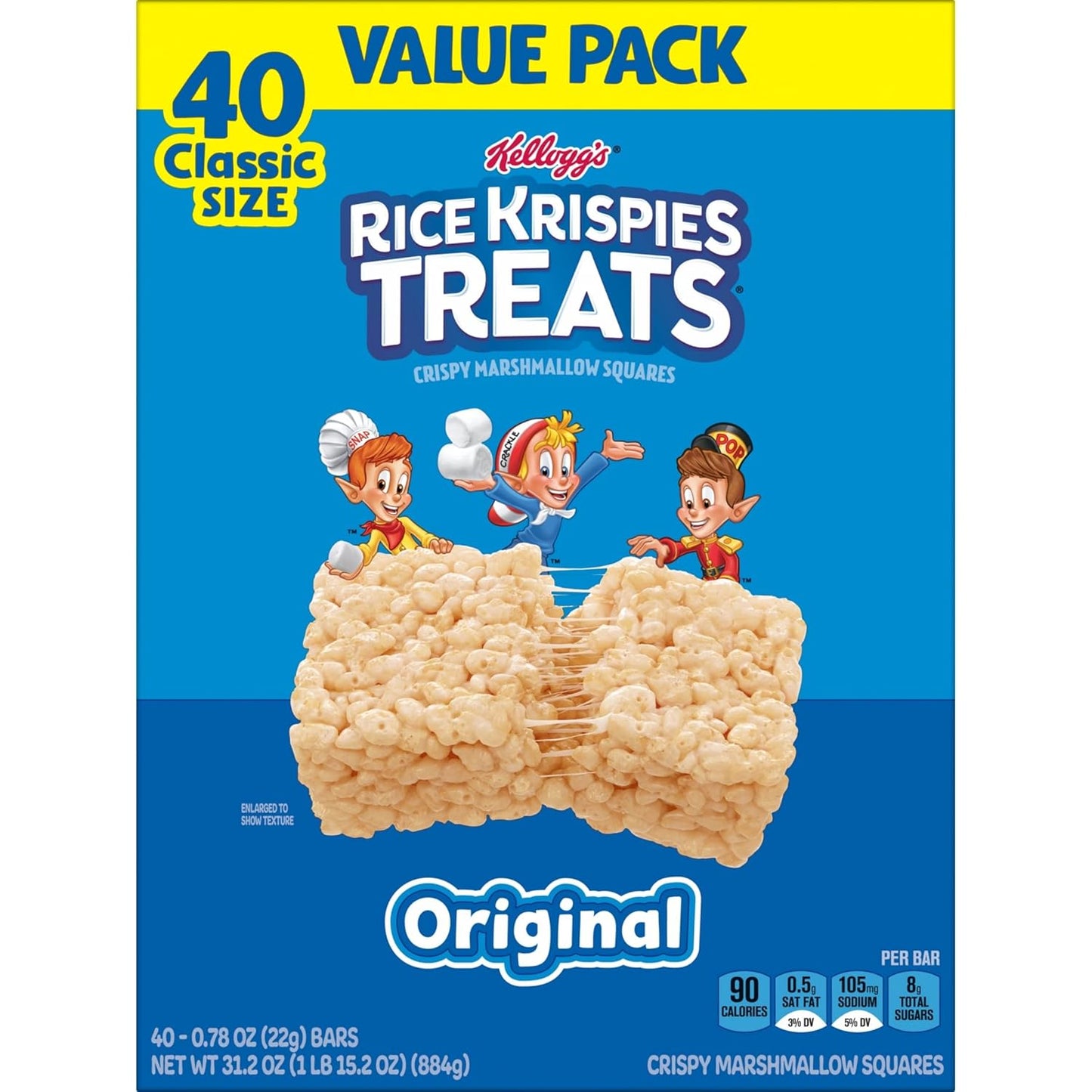 Crispy Marshmallow Squares, Kids Snacks, Snack Bars, Original, 31.2Oz Box (40 Bars)