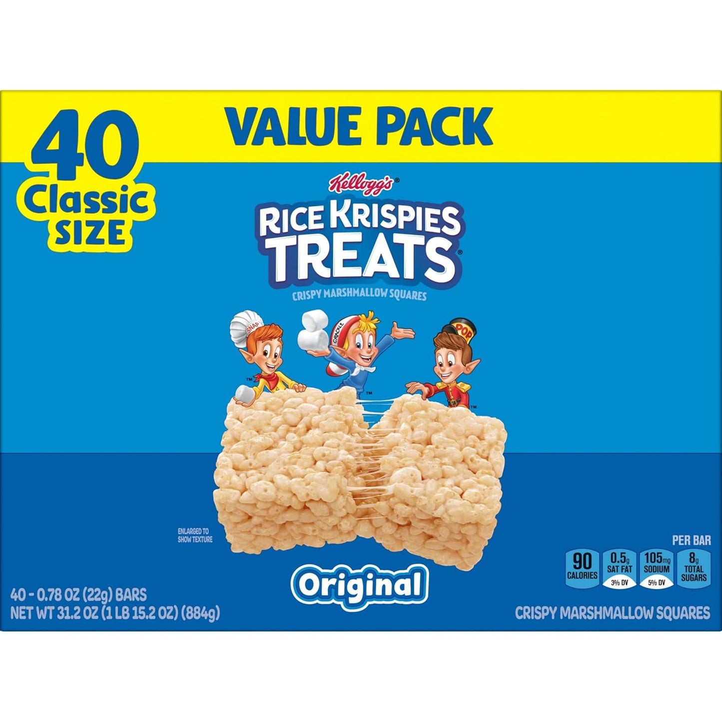 Crispy Marshmallow Squares, Kids Snacks, Snack Bars, Original, 31.2Oz Box (40 Bars)