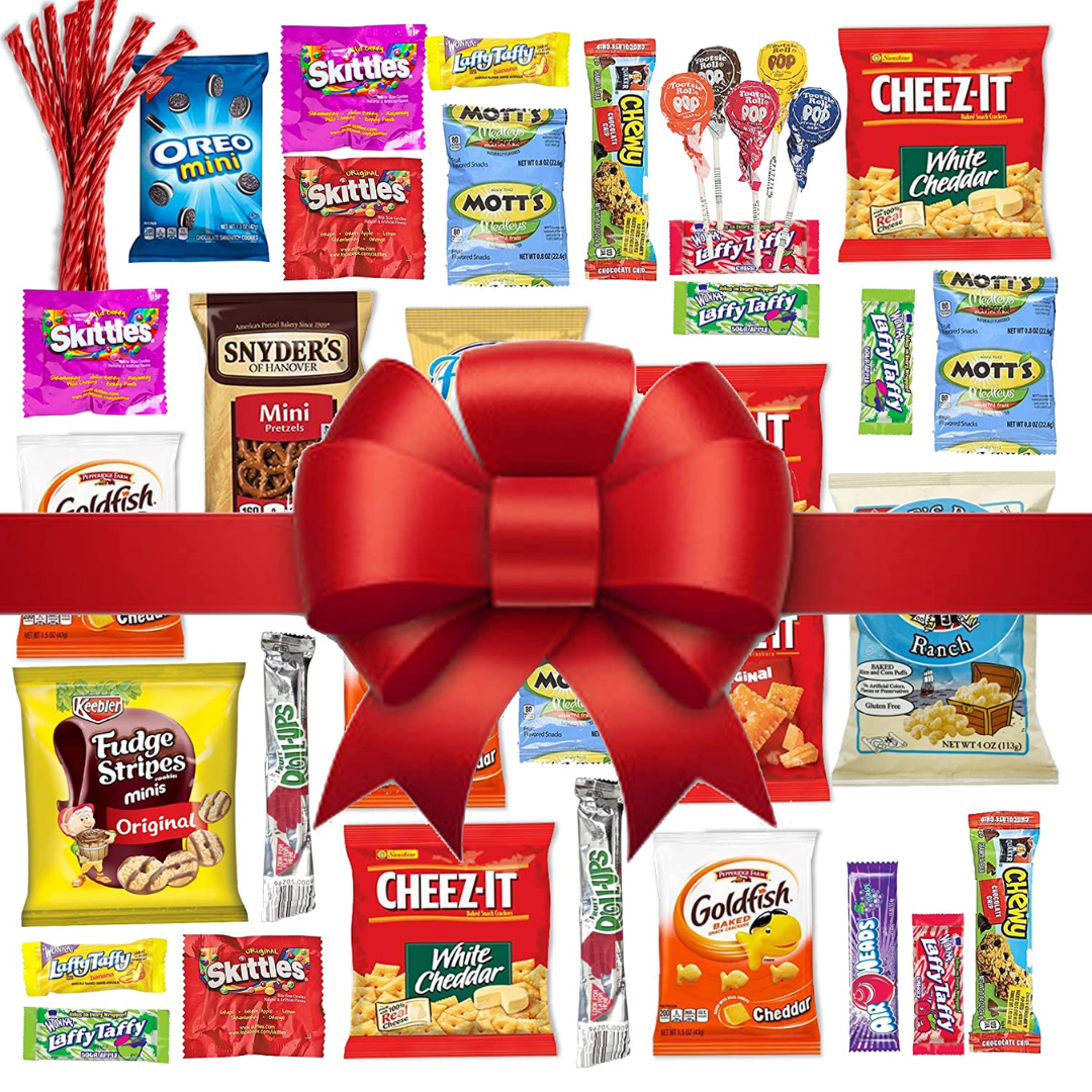 Christmas Gift Basket Care Package (45 Count) Candy Snacks Cookies Bars Chips Holiday Gift Baskets Variety Gift Box Pack Assortment Basket Bundle Mix Of Treats College Students Office Kids Boys Girls